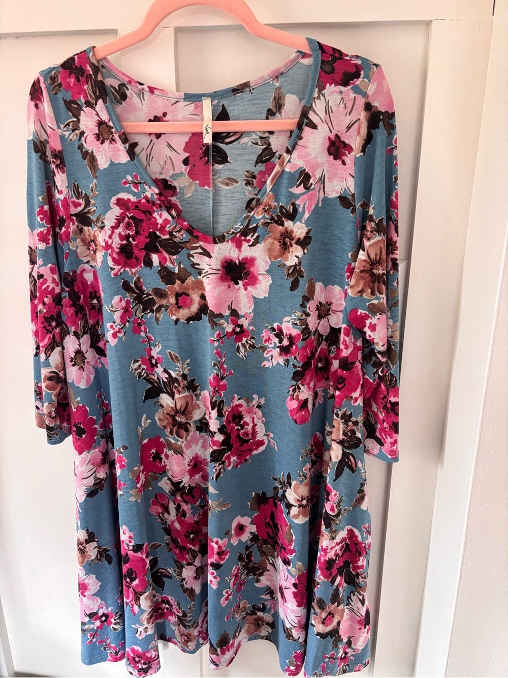 Blue Floral V‑Neck Swing Tunic Dress